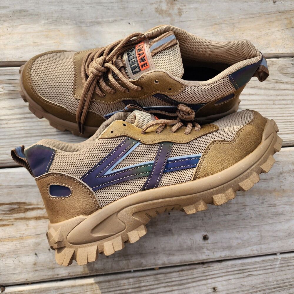 AMAWE Beige Mens Waterproof Work Steel Toe Safety Shoes Sneakers Reflective 8